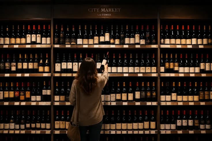 Professionnelle devant un grand rayon de bouteilles de vin