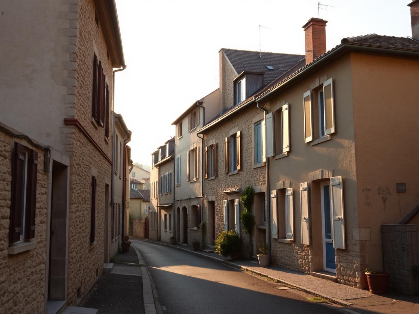 Rue d’un village français en pierre à la lumière dorée