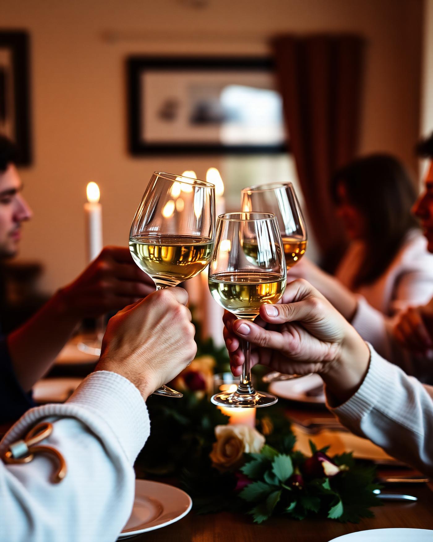 Verres de vin levés autour d’une table conviviale