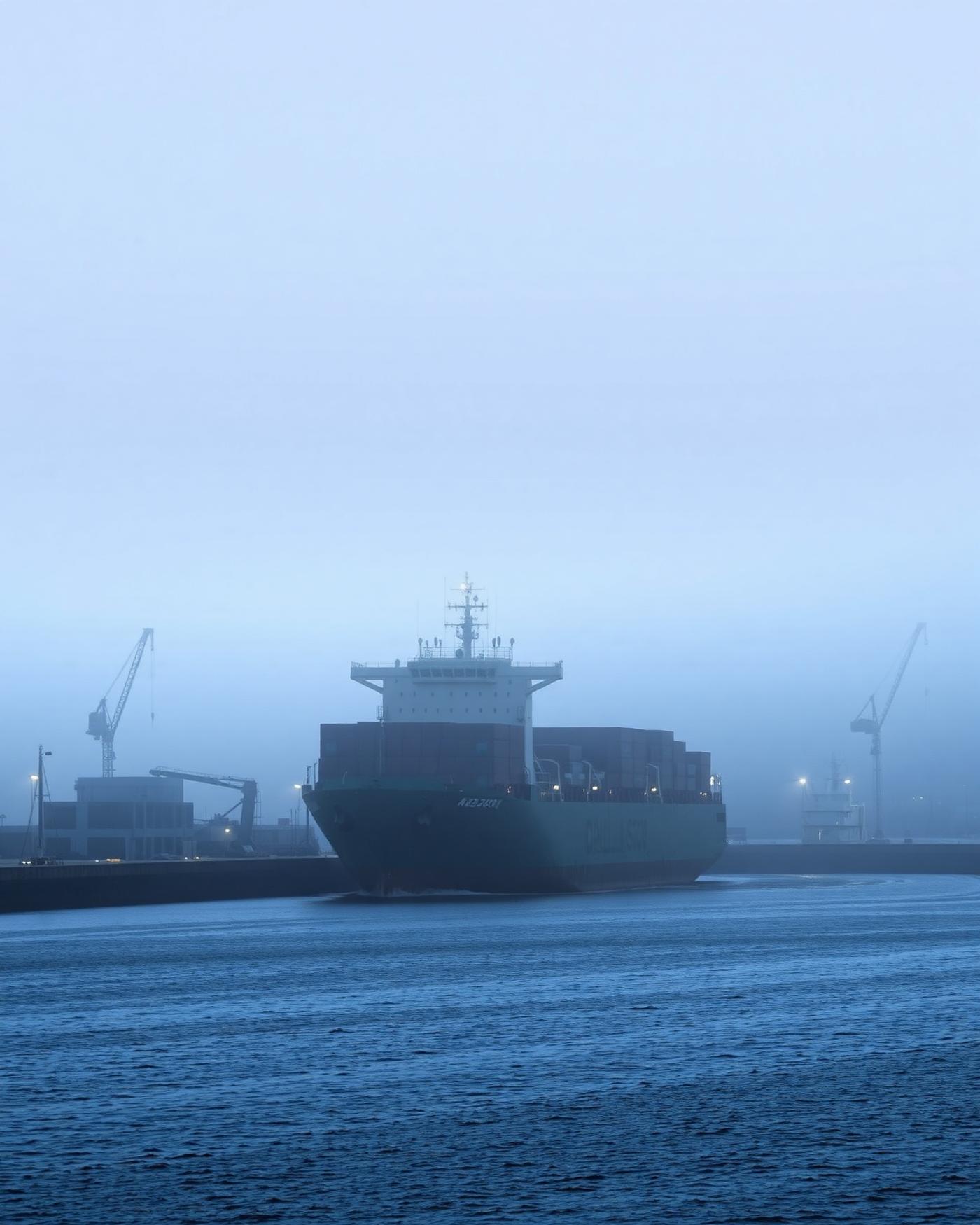 Navire porte-conteneurs quittant un port au petit matin