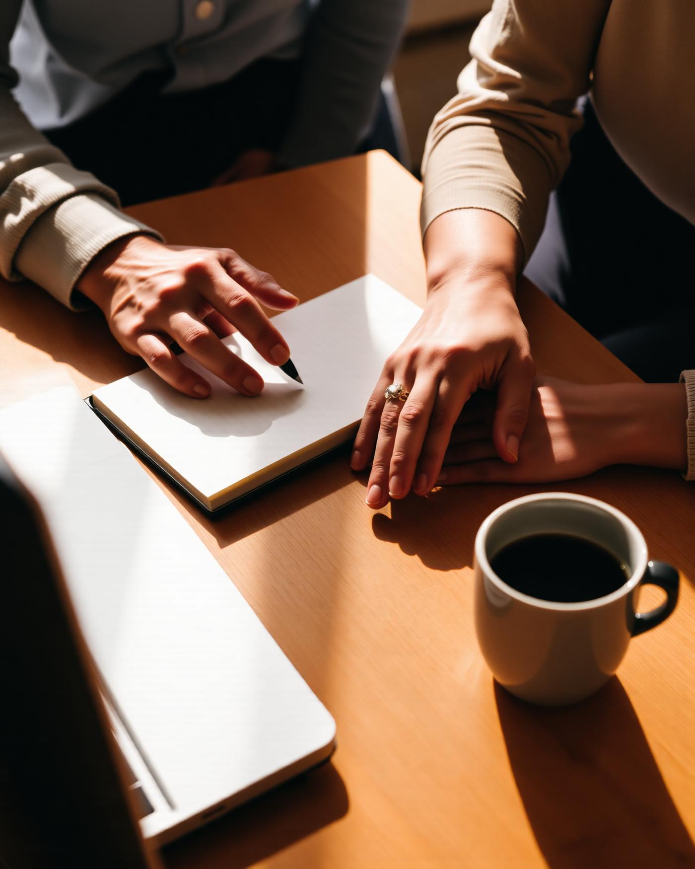 Mains autour d’un carnet et d’un ordinateur portable sur une table