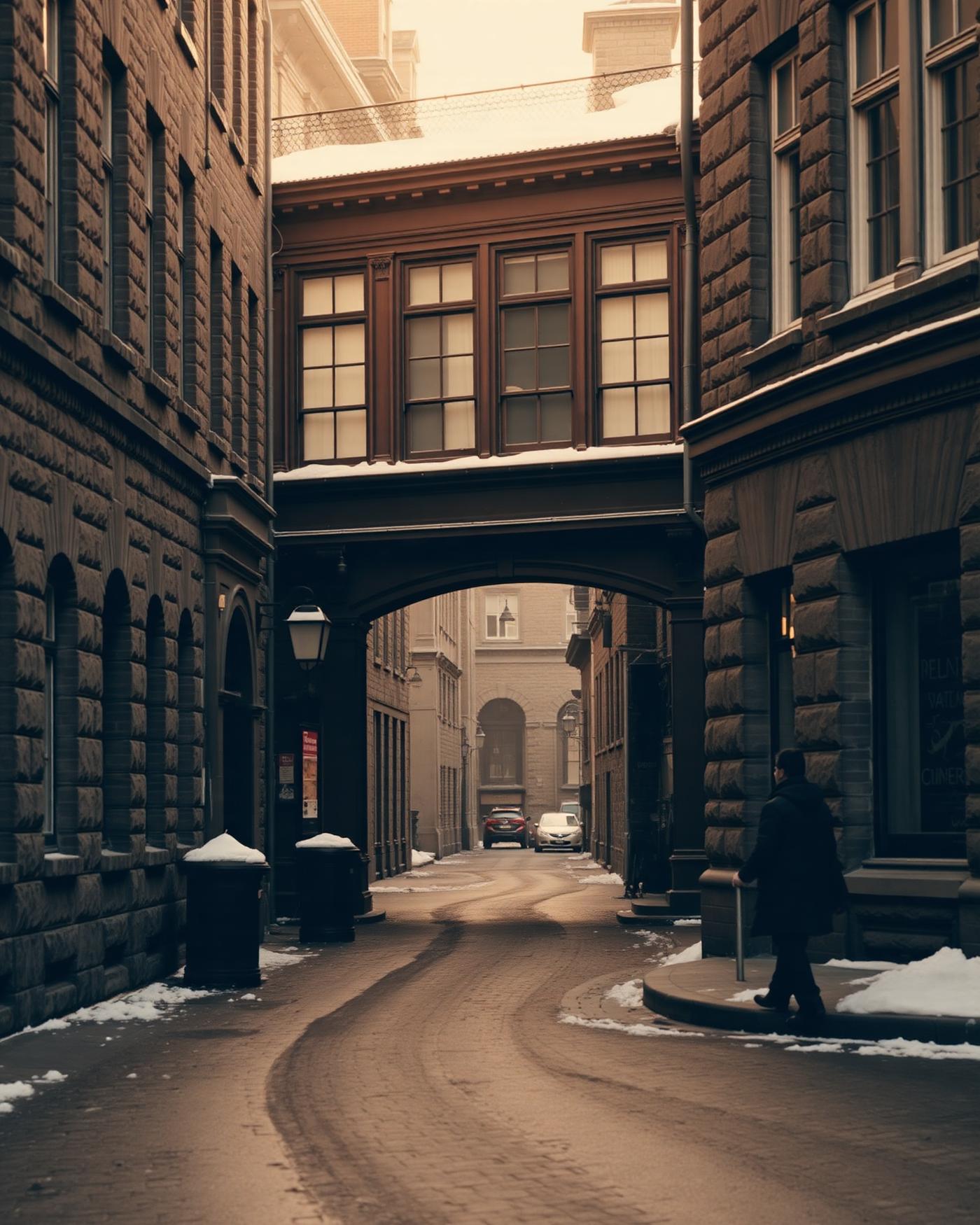 Rue pavée du Vieux-Québec sous une lumière d’hiver