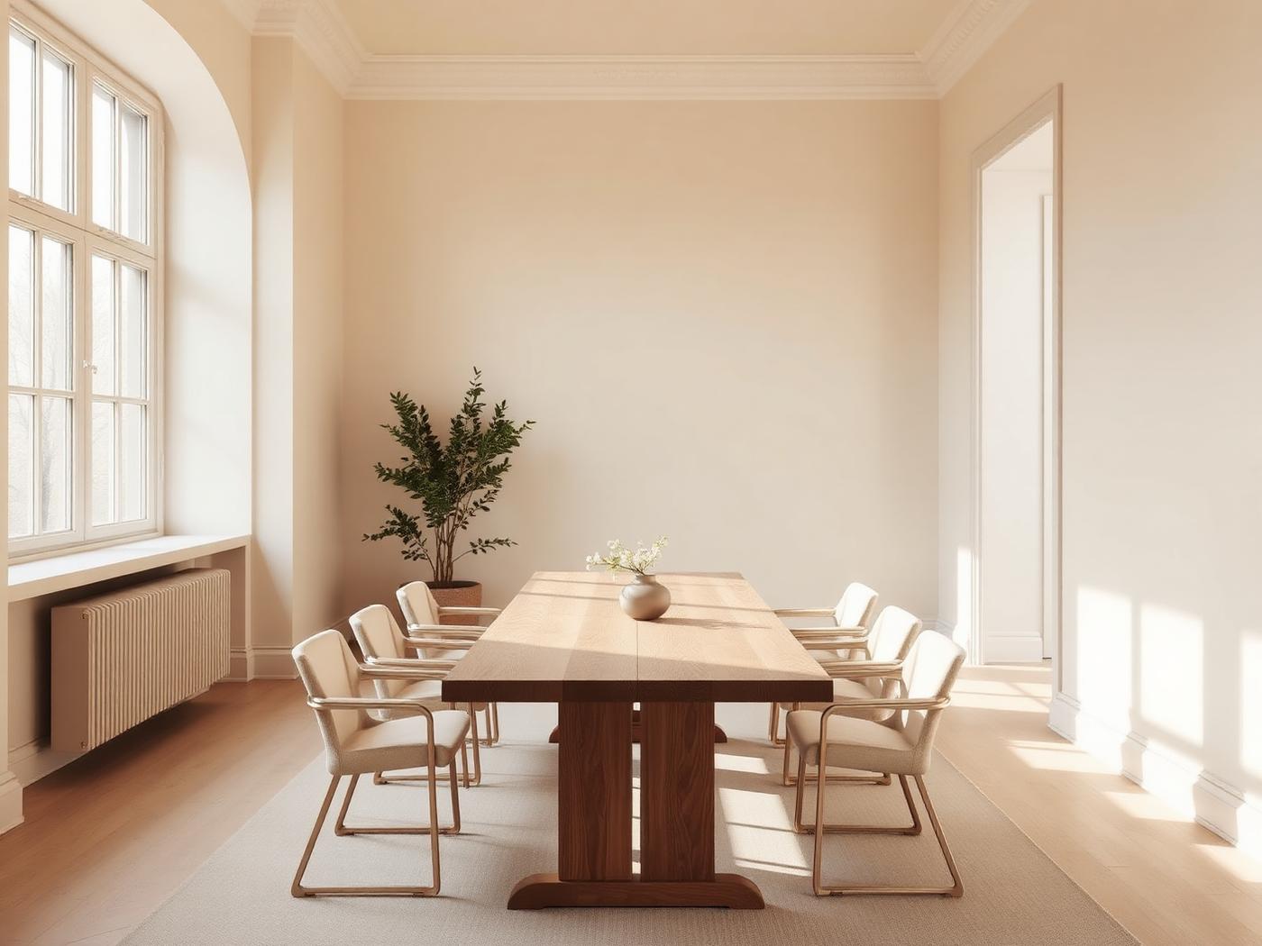 Grande table en bois dans une pièce claire baignée de lumière