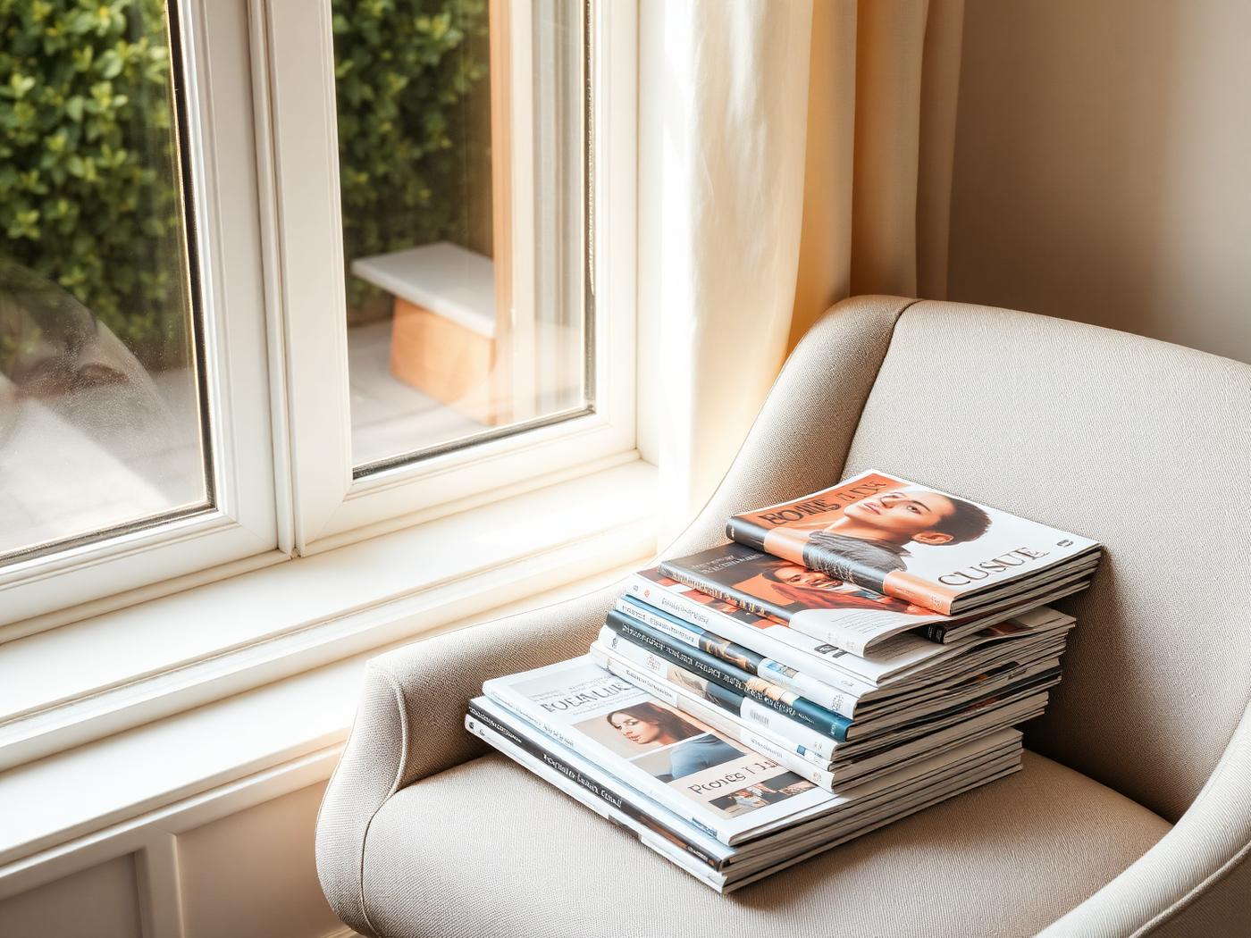 Pile de revues posée sur un fauteuil en lin près d’une fenêtre