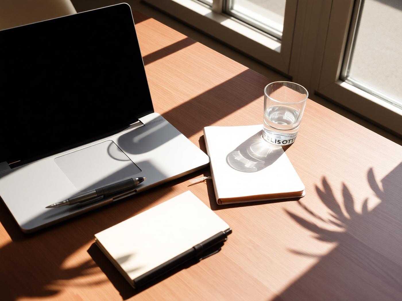 Bureau minimaliste en lumière naturelle chaude